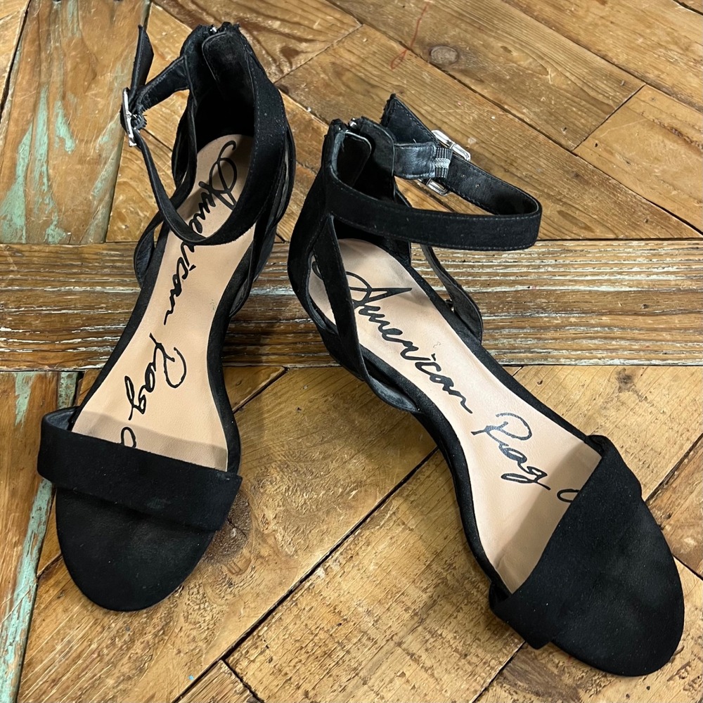 American Rag Black Ankle Strap Wedge Heels Sandals‎ Women's Size 7